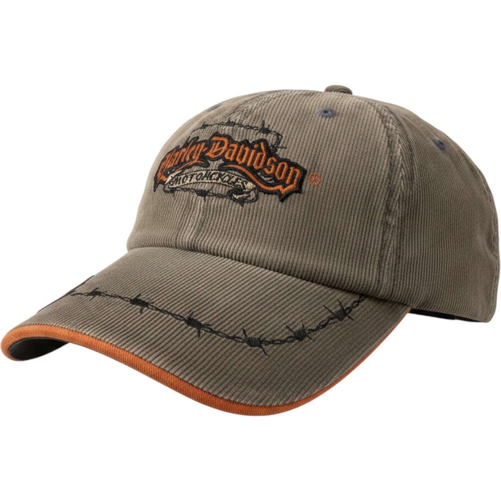 Harley-Davidson Corduroy Hat OSFA Gray Barbed Wire Embroidered Adjustable Cap
